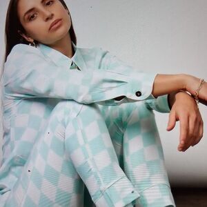 Lg. Pajamas Bamboo Rayon Checkered Teal Long Sleeve Lounge Set With Eye Mask New